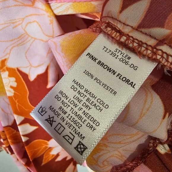 EUC LIKE NEW LUSH PINK / BROWN FLORAL V NECK BATWING SLEEVES TOP SIZE L - Picture 11 of 13